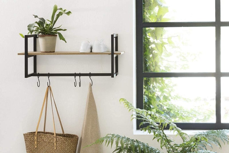 INDIAN DECOR 48331 Wall Coat Hangers in Hallway Vintage Wall Coat Rack with Shelf 5 Hooks for Hanging Coats and Jackets Wood and Metal Coat Stand for Office