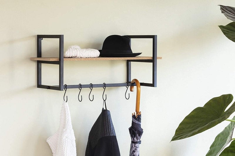 INDIAN DECOR 48331 Wall Coat Hangers in Hallway Vintage Wall Coat Rack with Shelf 5 Hooks for Hanging Coats and Jackets Wood and Metal Coat Stand for Office