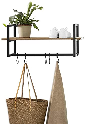 INDIAN DECOR 48331 Wall Coat Hangers in Hallway Vintage Wall Coat Rack with Shelf 5 Hooks for Hanging Coats and Jackets Wood and Metal Coat Stand for Office