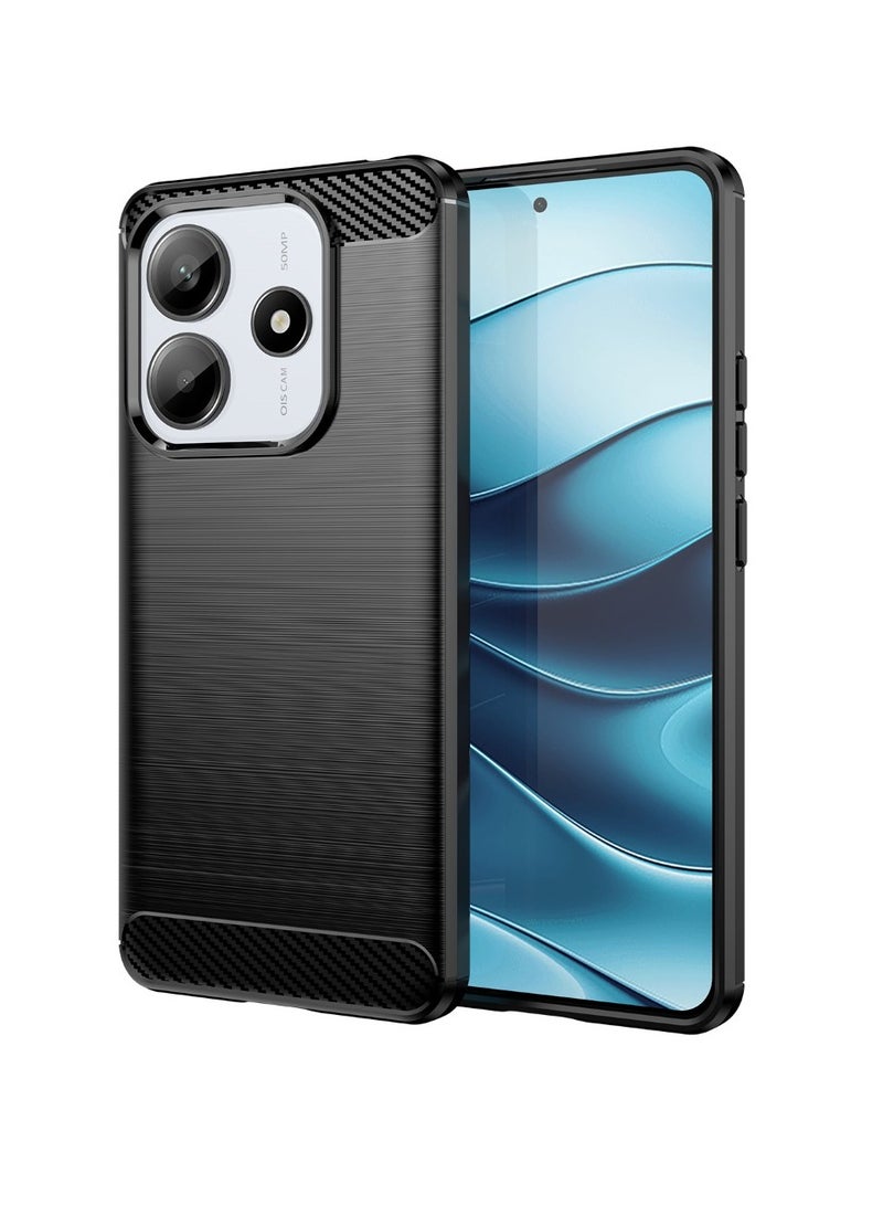 Xiaomi Redmi Note 14 5G (Mediatek Dimensity 7025 Ultra) - Rugged Shield Protective Cover, Brushed Carbon Fiber Texture, Shockproof TPU, Anti-Slip, Elegant Thin, and Shock-Absorbing - Black