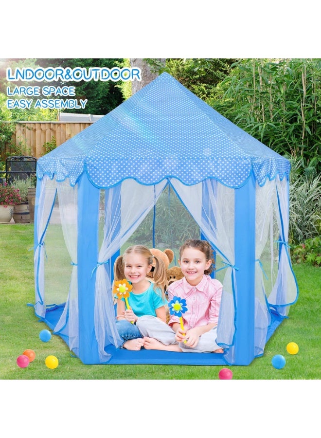 DubaiGallery Foldable Kids Play Tent Blue Polka Dot Castle Canopy with Sheer Curtains Fairy Lights Soft Mat Safe Space for Toddlers Children Imaginative Play Home Decor Indoor Outdoor Birthday Gift Idea - Image 3