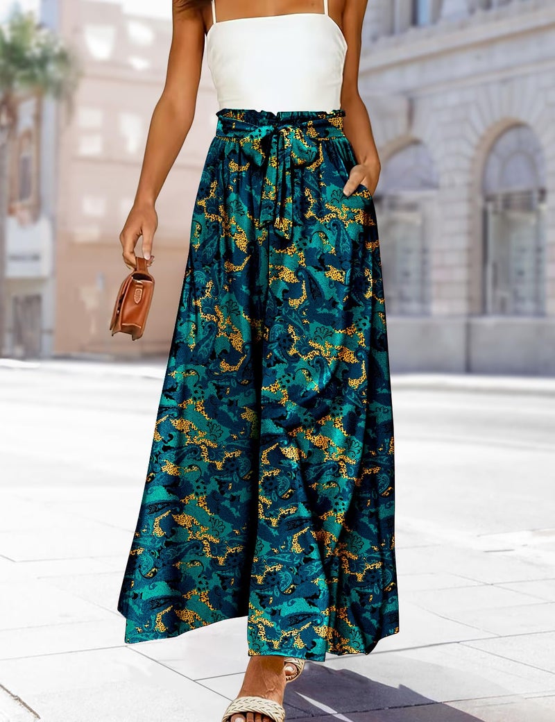 YESNO Women Wide Leg Pants High Waisted Floral Boho Palazzo Culottes Casual Flowy Tie Knot Trousers with Pockets L PPS CR438 - Image 2