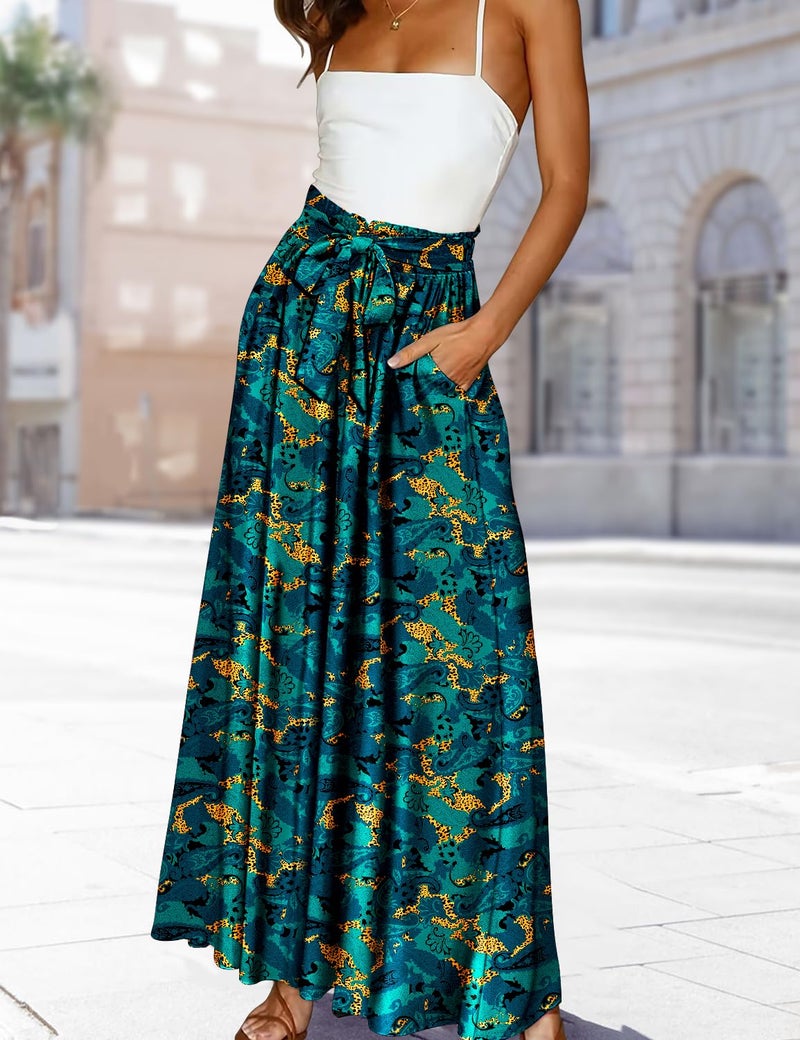 YESNO Women Wide Leg Pants High Waisted Floral Boho Palazzo Culottes Casual Flowy Tie Knot Trousers with Pockets L PPS CR438 - Image 3