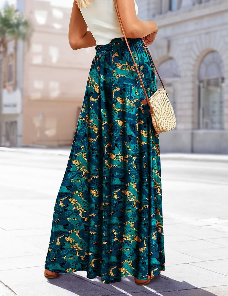 YESNO Women Wide Leg Pants High Waisted Floral Boho Palazzo Culottes Casual Flowy Tie Knot Trousers with Pockets L PPS CR438 - Image 4
