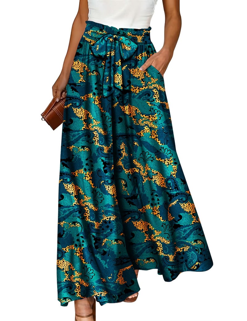 YESNO Women Wide Leg Pants High Waisted Floral Boho Palazzo Culottes Casual Flowy Tie Knot Trousers with Pockets L PPS CR438 - Image 5
