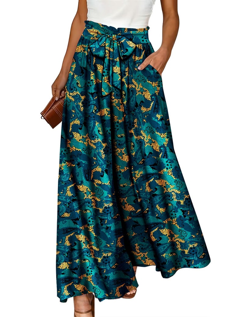 YESNO Women Wide Leg Pants High Waisted Floral Boho Palazzo Culottes Casual Flowy Tie Knot Trousers with Pockets L PPS CR438 - Image 1