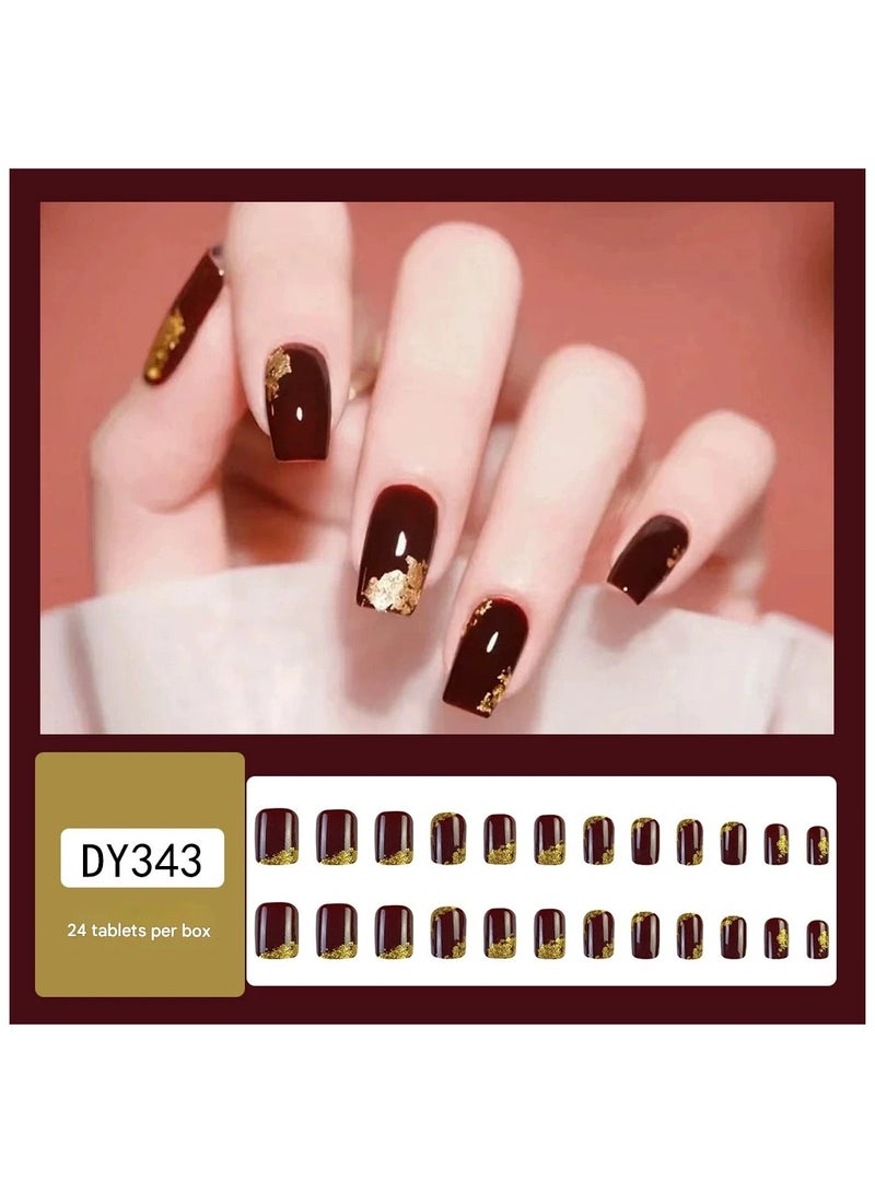 Goolsky Red Gold Foil Press On Nails Short French Style Elegant Fake Nails 24PCS Set 