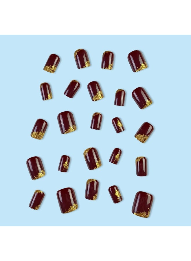 Goolsky أظافر مزيفة باللون الأحمر والذهب - تصميم فرنسي قصير أنيق 24 قطعة، للاستخدام اليومي/الحفلات - Image 4