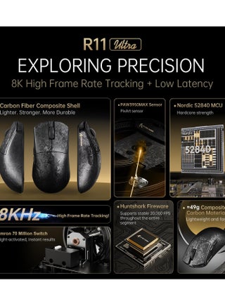 ماوس ألعاب لاسلكي R11 Ultra 8K من ألياف الكربون مع مستشعر 42000 نقطة في البوصة - PAW3950 MAX - خفيف الوزن 49 جرامًا، شريحة MCU Nordic 52840، سلكي/بلوتوث/2.4 جيجاهرتز قابل للبرمجة، كابل RGB ملفوف للكمبيوتر الشخصي - view 2