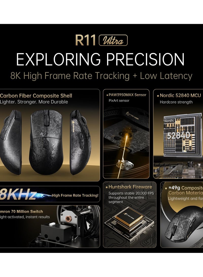 هجوم القرش ماوس ألعاب لاسلكي R11 Ultra 8K من ألياف الكربون مع مستشعر 42000 نقطة في البوصة - PAW3950 MAX - خفيف الوزن 49 جرامًا، شريحة MCU Nordic 52840، سلكي/بلوتوث/2.4 جيجاهرتز قابل للبرمجة، كابل RGB ملفوف للكمبيوتر الشخصي - Image 2