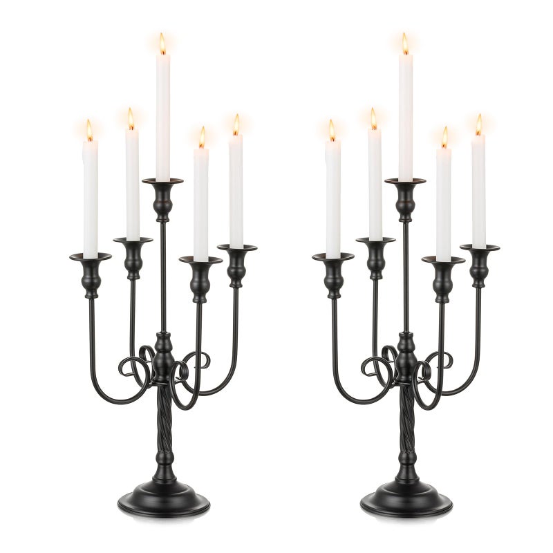 Candeldo Black Candelabra Halloween Decorations 20 Inches Gothic Candle Holder 5 Arm Metal Candlestick Stand for Table Fireplace Victorian Decor Set of 2