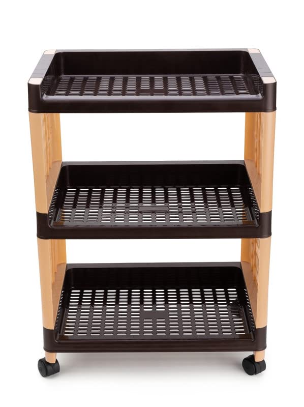 Finner Rectangular 3 Layer MultiPurpose Kitchen Storage Basket Rack Trolley with Wheels for Kitchen Office Use EasytoMove Slide Out Stand Rack Fruits Vegetables Basket StandBrown - Image 1