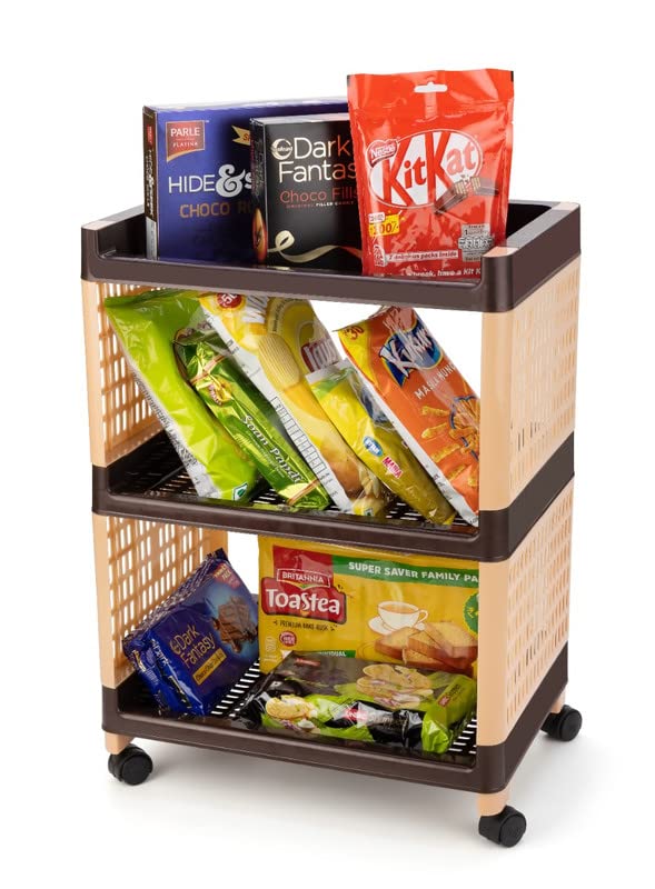 Finner Rectangular 3 Layer MultiPurpose Kitchen Storage Basket Rack Trolley with Wheels for Kitchen Office Use EasytoMove Slide Out Stand Rack Fruits Vegetables Basket StandBrown - Image 2