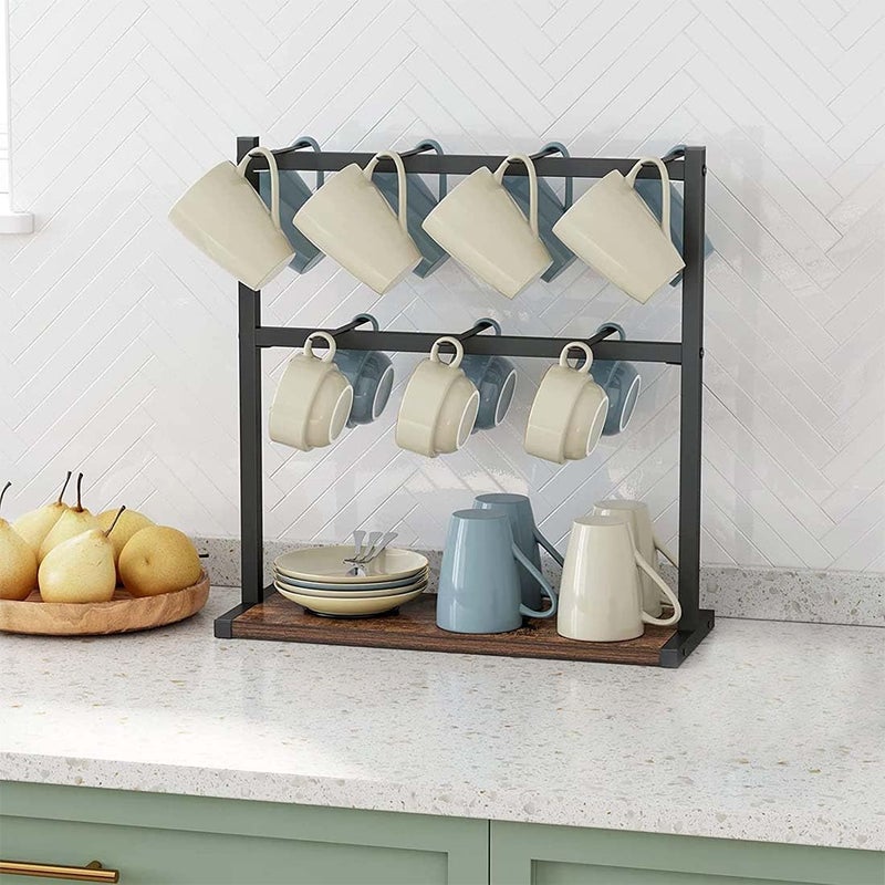 Dantawood Coffee Mug Holder Stand 2 Tier Countertop Mug Tree Holder Rack with Storage Base Vintage Mug Holders for Kitchen 14Cup Hooks - Image 5