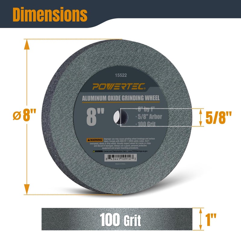 POWERTEC Bench Grinder Wheel 2PK, 8 Inch Grinding Wheel 100 Grit, Aluminum Oxide, 8 Bench Grinder Wheels for Pedestal & Benches, 1" Thick 5/8" Arbor, Sharpening Shaping Drill Bits, Knife -15522-P2 - Image 2