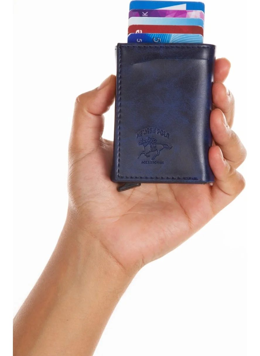 Newish Polo Navy Blue Crazy Artificial Leather Automatic Mechanism Card Holder Wallet
