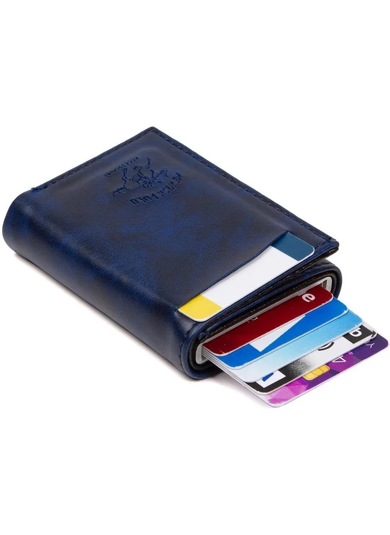Newish Polo Navy Blue Crazy Artificial Leather Automatic Mechanism Card Holder Wallet