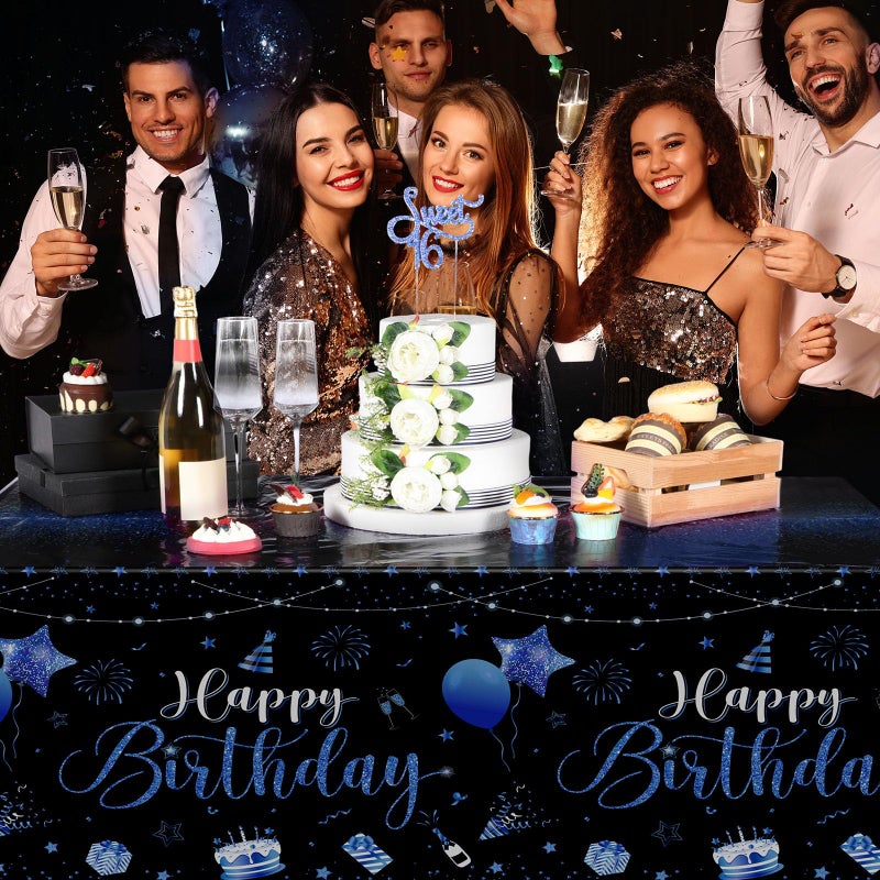 Tudomro 3 Pcs Happy Birthday Tablecloths Happy Birthday Party Decorations Plastic Table Cover Rectangular Cloths for Women Men Baby Shower Party Supplies, 108 x 54 Inch (Black Blue) - Image 4