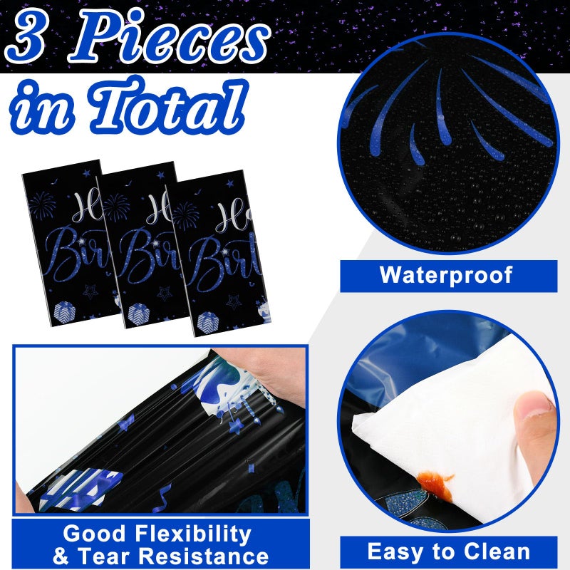 Tudomro 3 Pcs Happy Birthday Tablecloths Happy Birthday Party Decorations Plastic Table Cover Rectangular Cloths for Women Men Baby Shower Party Supplies, 108 x 54 Inch (Black Blue) - Image 5