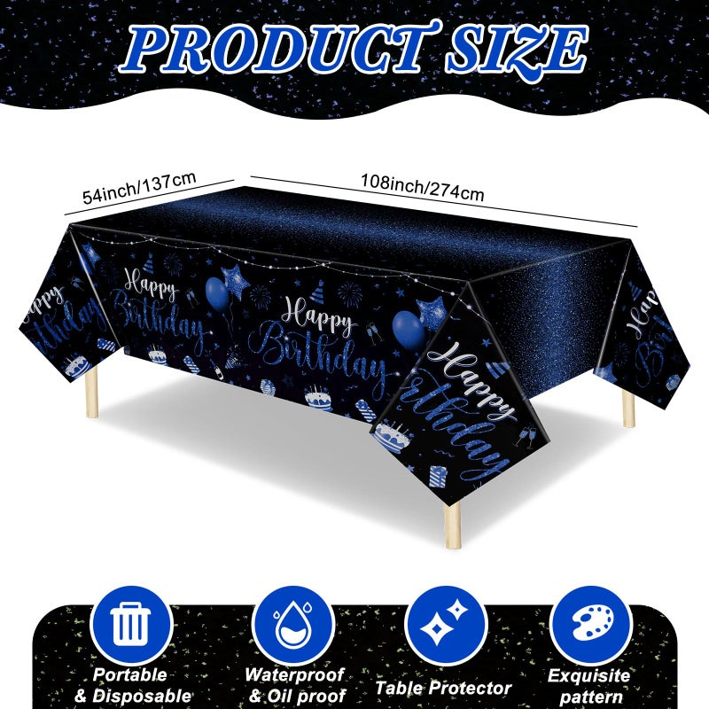 Tudomro 3 Pcs Happy Birthday Tablecloths Happy Birthday Party Decorations Plastic Table Cover Rectangular Cloths for Women Men Baby Shower Party Supplies, 108 x 54 Inch (Black Blue) - Image 2