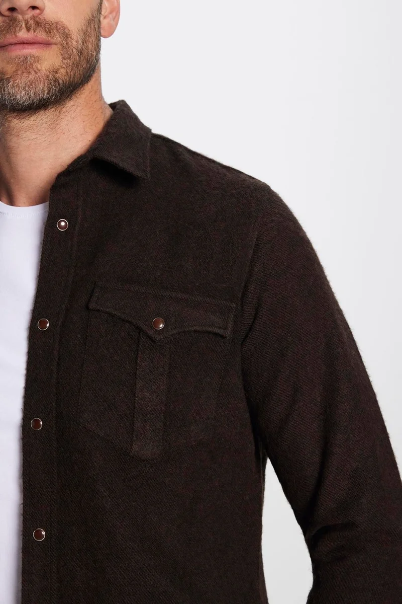 تودورس Men's Slim Fit Slim Fit Lumberjack Double Pocket Flap Plain Brown Winter Shirt