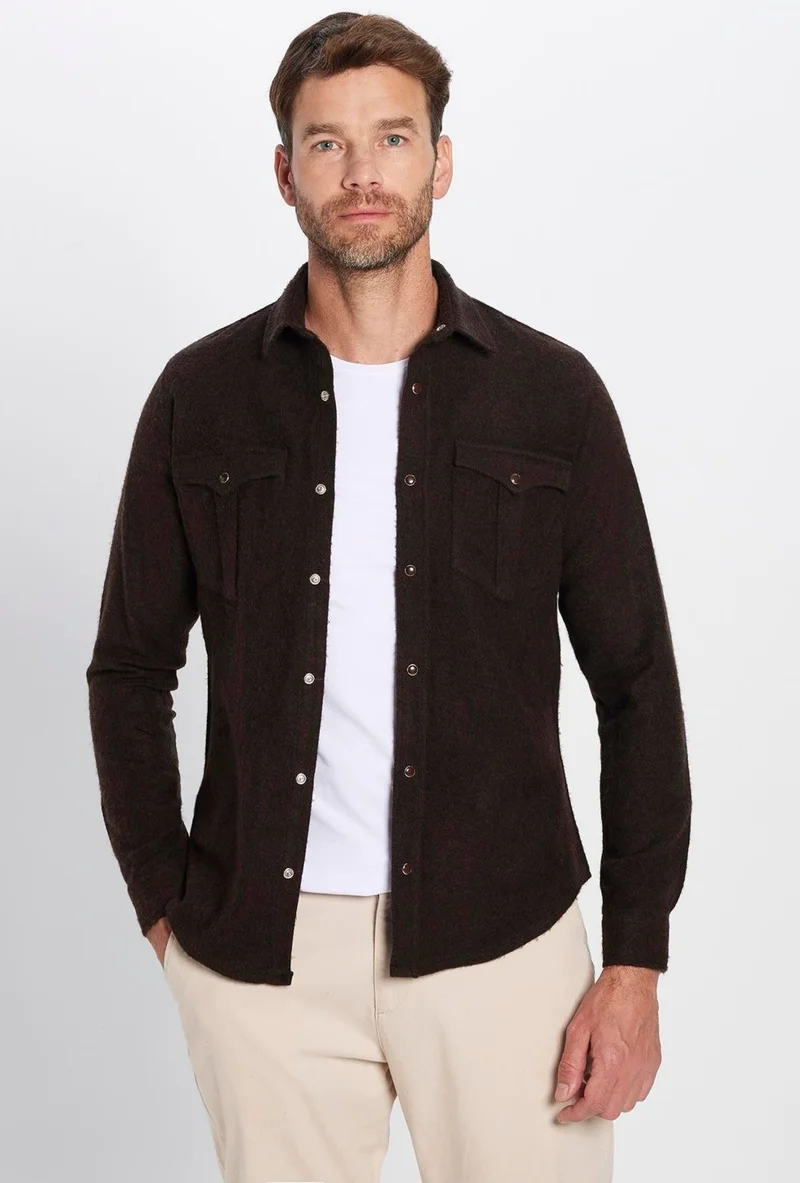 تودورس Men's Slim Fit Slim Fit Lumberjack Double Pocket Flap Plain Brown Winter Shirt
