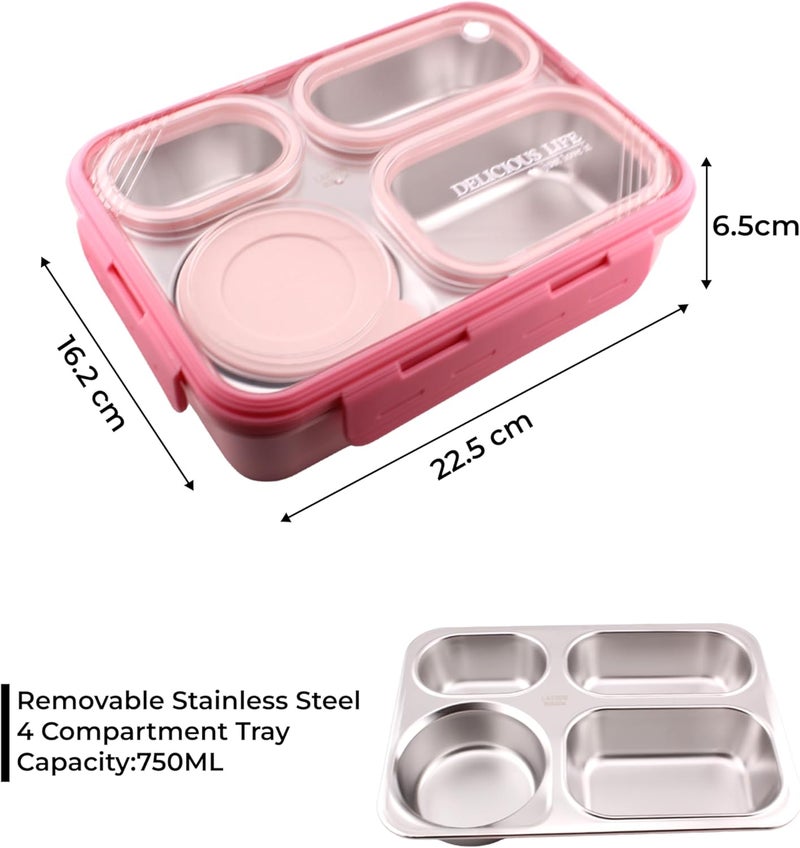 Cravista Bento Lunch Boxes, Leak Proof Stainless Steel Lunch Box for Kids, BPA Free Bento Box for Kids and Adults | Tiffin Box for Office and School (Pink, 950 ML, 4 Compartment) - Image 5