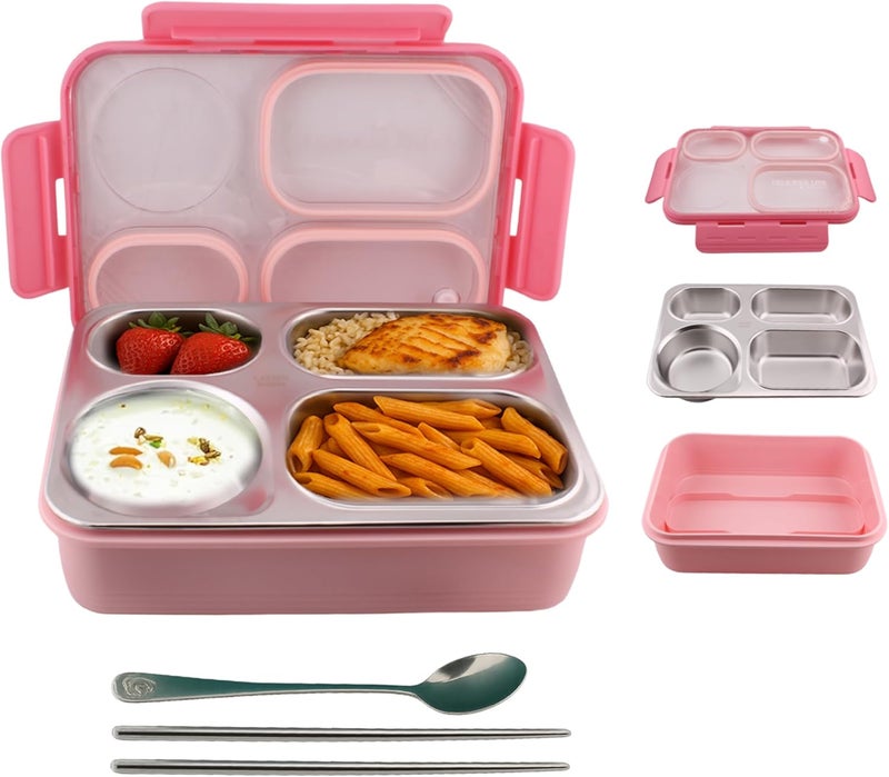Cravista Bento Lunch Boxes, Leak Proof Stainless Steel Lunch Box for Kids, BPA Free Bento Box for Kids and Adults | Tiffin Box for Office and School (Pink, 950 ML, 4 Compartment) - Image 2