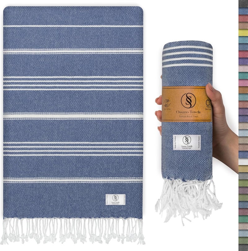 Ossano Turkish Beach Towel Compact & Fast Dry Oversized (39" x 71") - Striped, Versatile and Functional as Picnic and Yoga Blanket, Pool, Shower and Travel Towel - Denim Blue - Image 1