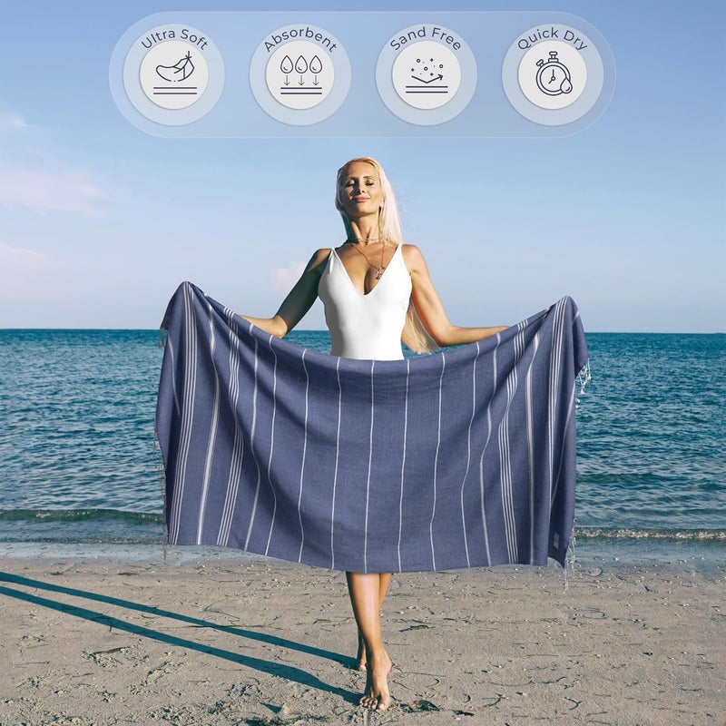 Ossano Turkish Beach Towel Compact & Fast Dry Oversized (39" x 71") - Striped, Versatile and Functional as Picnic and Yoga Blanket, Pool, Shower and Travel Towel - Denim Blue - Image 2