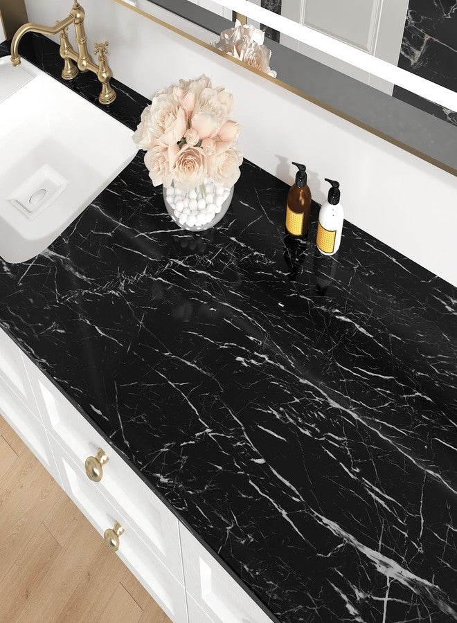 Wallercity ورق حائط لاصق من Wallercity Glossy Marble Black قابل للتقشير واللصق على سطح طاولة من الرخام لجدار المطبخ الخلفي، ورق حائط ذاتي اللصق من الفينيل للخزائن وأسطح العمل المقاومة للماء، ورق حائط - Image 4