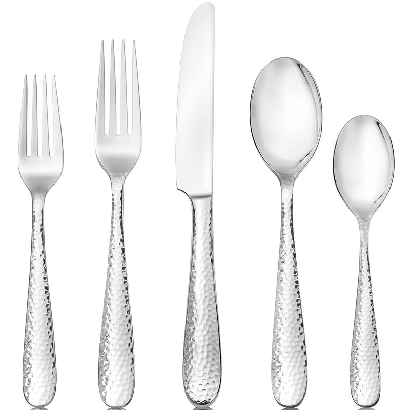 Hudson Essentials Premium 40 Piece Hammered Silverware Set 1810 Stainless Steel Fine Flatware Service for 8 Dishwasher Safe Bergamo Cutlery