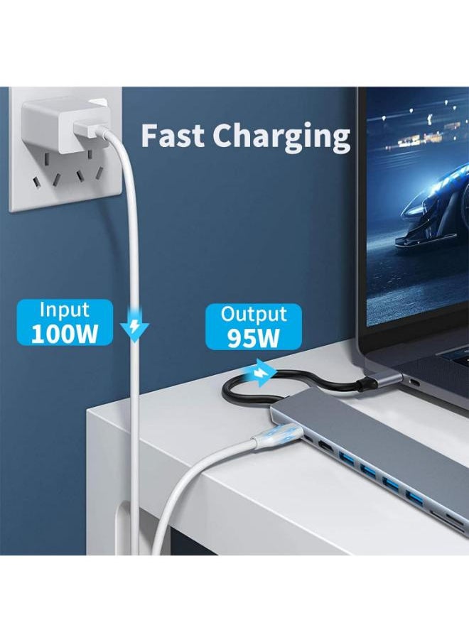 USB C Hub Adapter, 10 in 1 Type C Dongle Station, USB-C to 4K HDMI Multiport Converter with RJ45 Ethernet, USB 3.0, 100W PD, SD/TF Card Reader, for PC, iPad, Other USB C Devices