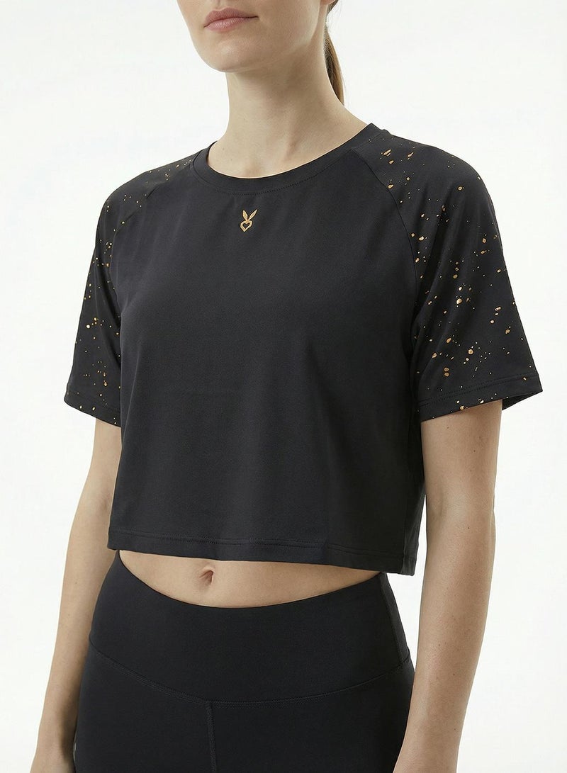 Cardio Bunny Women's Slim Fit Cropped Tee With Raglan Cap Sleeve And Gold Foil Print - Image 2