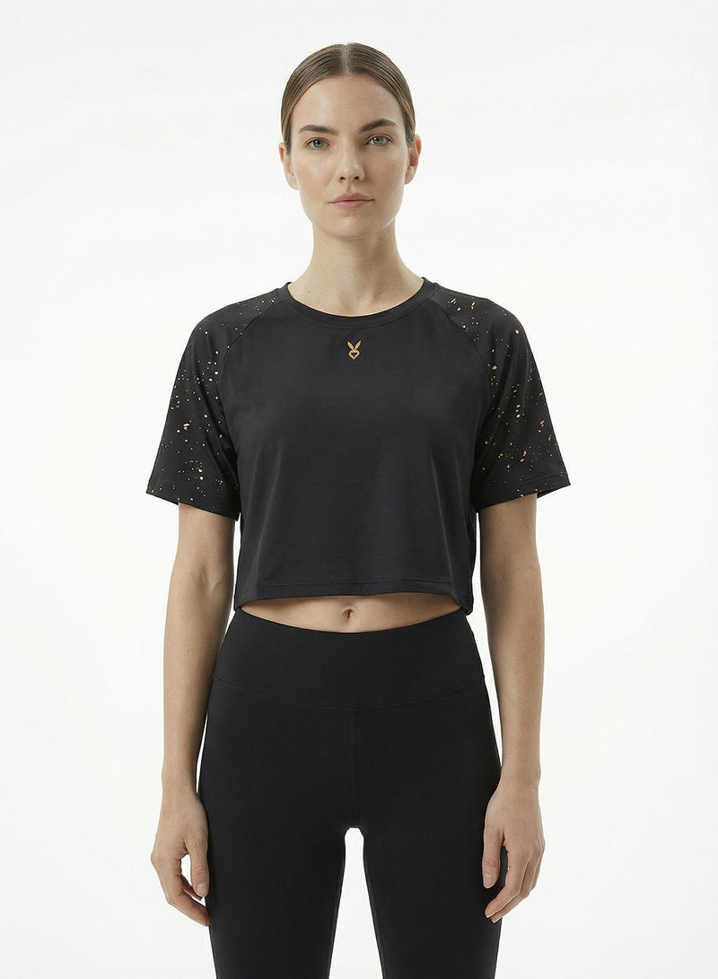 Cardio Bunny Women's Slim Fit Cropped Tee With Raglan Cap Sleeve And Gold Foil Print - Image 1