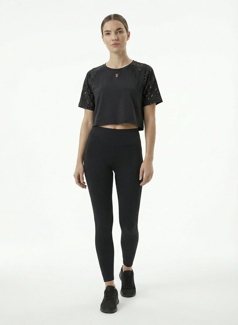 Cardio Bunny Women's Slim Fit Cropped Tee With Raglan Cap Sleeve And Gold Foil Print - Image 3