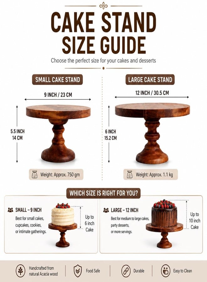 SAAGA Round Birch Wooden Cake Stand | 9 x 5.5 Inch Dessert & Pizza Serving Platter | Premium Tabletop Display Stand – Brown - Image 1