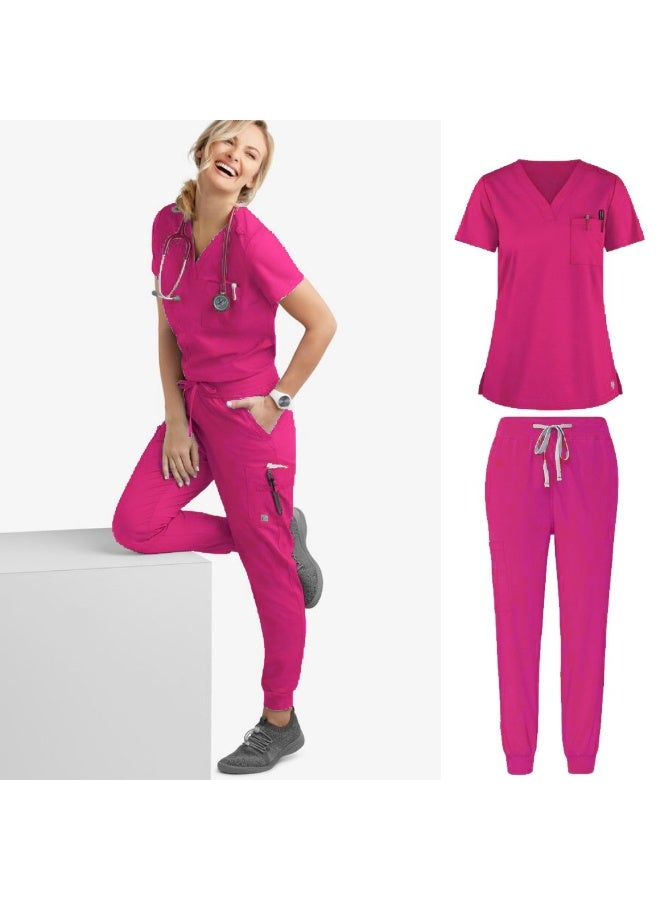 Loquat Womens Medical Scrubs Set Medical Uniform Set Rose Red - Image 1