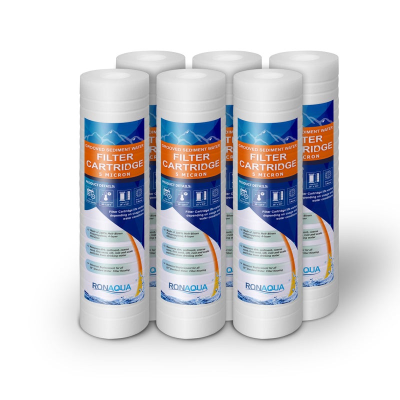 Grooved Sediment Water Filter Cartridge by Ronaqua 10x 25 Four Layers of Filtration Removes Sand Dirt Silt Rust made from Polypropylene 6 Pack 5 Micron