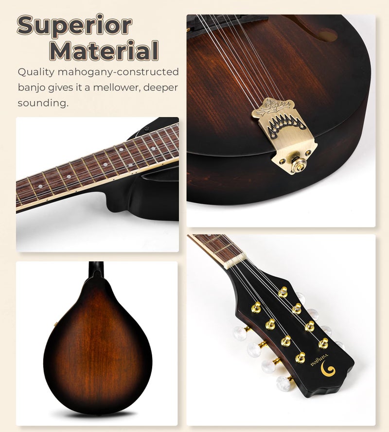 Vangoa Mandolin Instrument A Style, Acoustic Mandolin Musical Instrument Solid Spruce Top 8 String for Beginners, Adults, Teens, Dark Brown - Image 5
