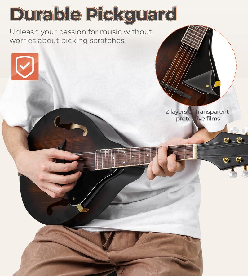 Vangoa Mandolin Instrument A Style, Acoustic Mandolin Musical Instrument Solid Spruce Top 8 String for Beginners, Adults, Teens, Dark Brown - Image 4
