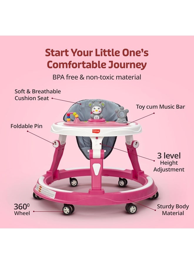 Luvlap 360° Joy Baby Walkers for 6-18 Months | 3 Level Height Adjustment Walker with Switchable Food & Musical Toy Tray/Advanced Baby Activity Walker for Kids, Walker for Boys & Girls, Pink - Image 2