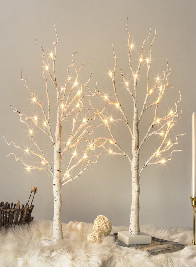 Vanthylit White Birch Tree with LED Lights - Set of 2, Tabletop Tree with Timer, Christmas Decorations Lighted Tree for Indoor Mantel Home Decor (2 FT, 24 LED) - Image 1