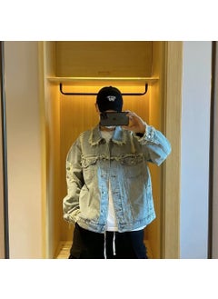 Retro American Distressed Denim Jacket Men Blue