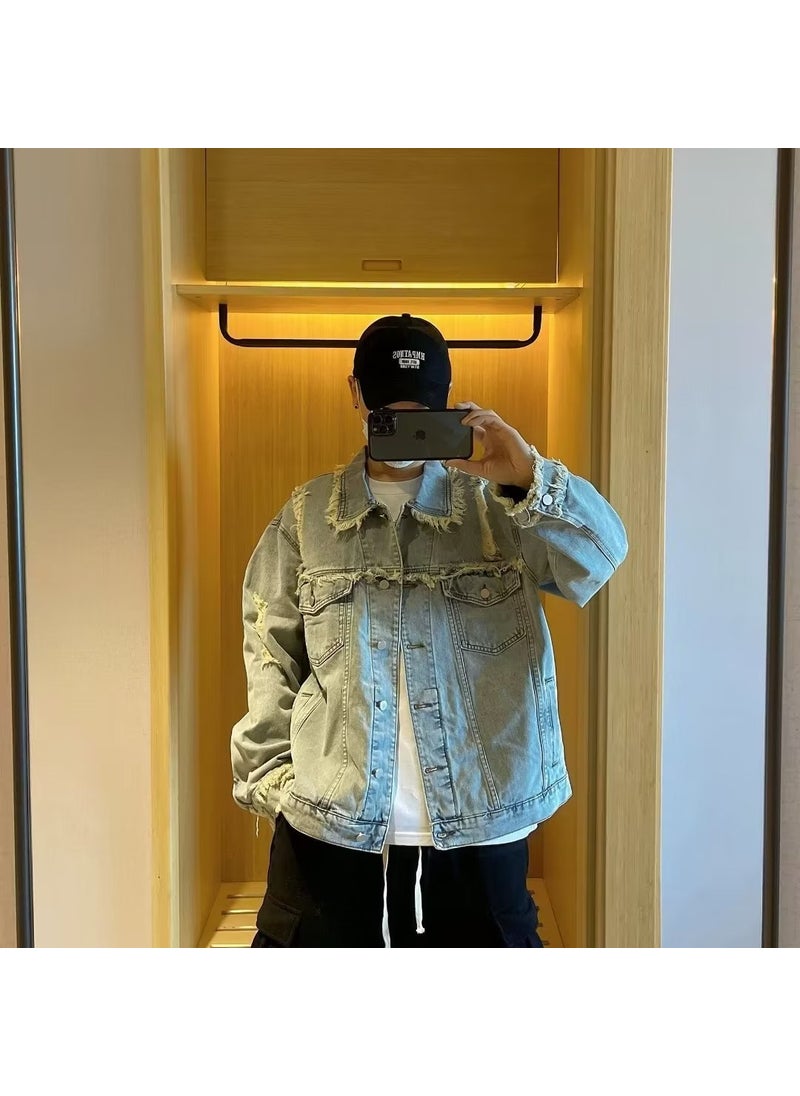 Generic - Retro American Distressed Denim Jacket Men Blue - Image 1