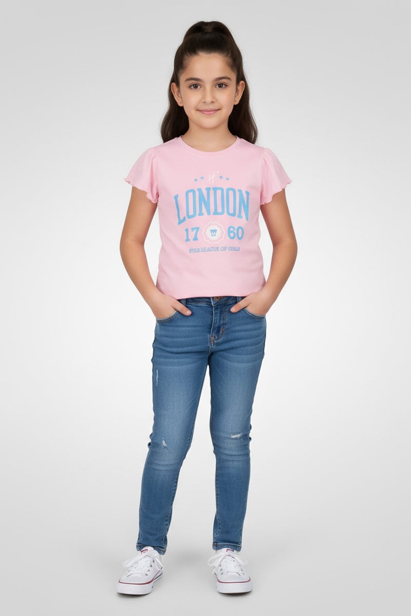 Hamleys Kids Girl Crew Neck Ruffle Sleeve Graphic Print T-Shirt, Pink - Image 1