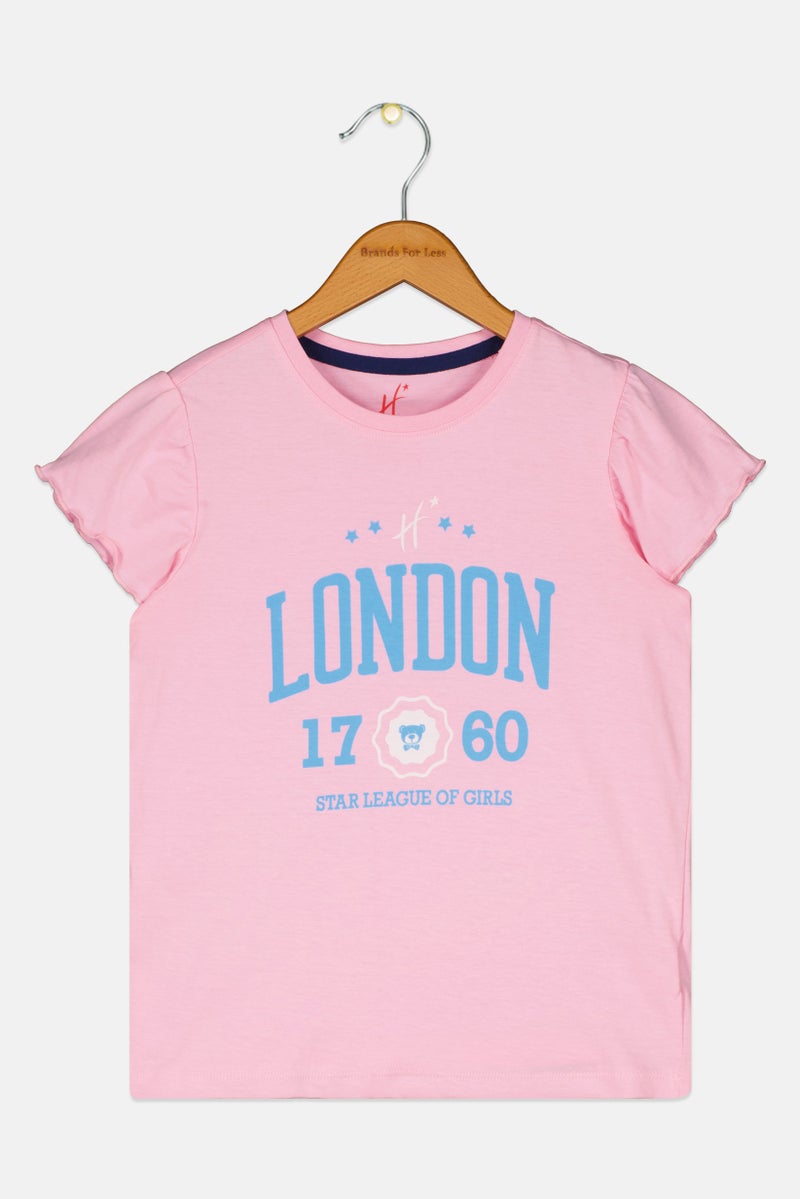 Hamleys Kids Girl Crew Neck Ruffle Sleeve Graphic Print T-Shirt, Pink - Image 3