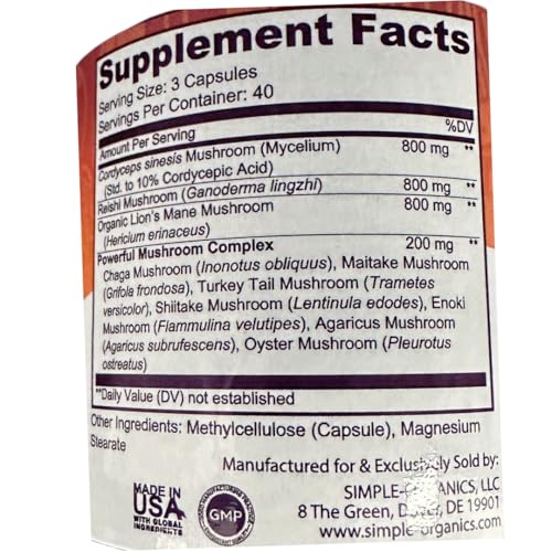 Simple-Organics SimpleOrganics Mushroom Complex 10 Mushroom Blend for Energy and Immune Support 2600mg per Serving 120 Vegan Capsules - Image 5