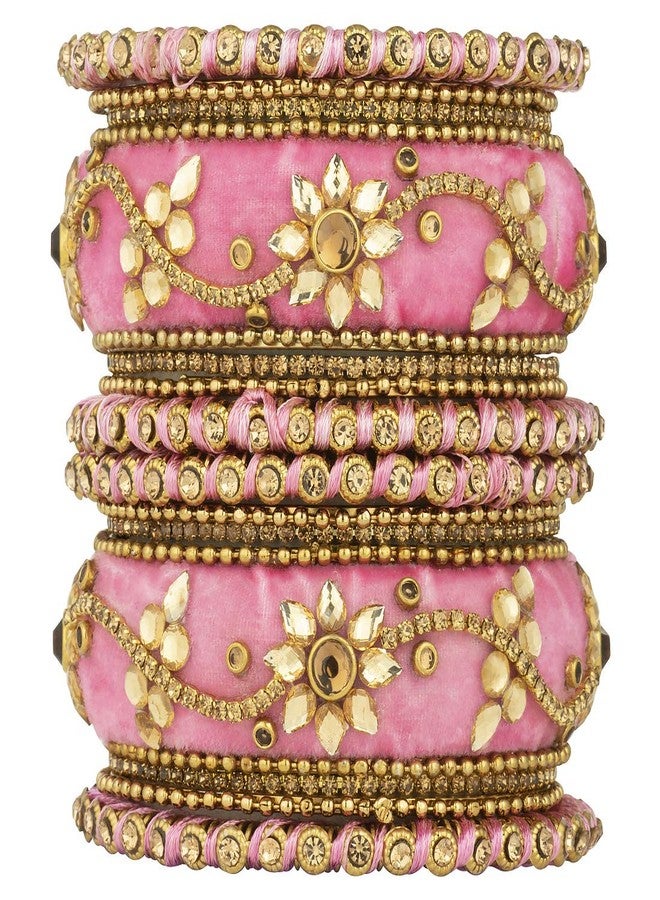 Aheli Beautiful Indian Wedding Wear Handmade Faux Stone Studded Velvet Bangle Set Chuda Bollywood Ethnic Fashion Jewelry Gift for Women Light Pink - Image 1