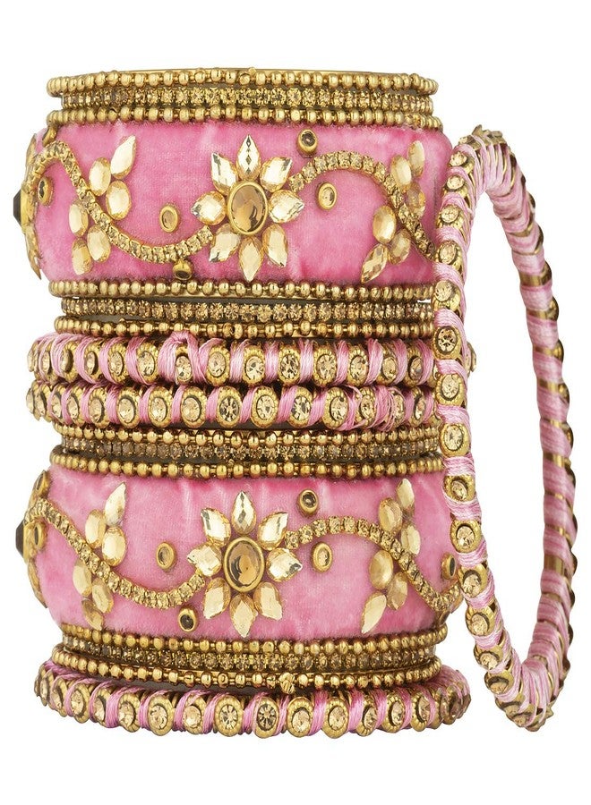 Aheli Beautiful Indian Wedding Wear Handmade Faux Stone Studded Velvet Bangle Set Chuda Bollywood Ethnic Fashion Jewelry Gift for Women Light Pink - Image 3